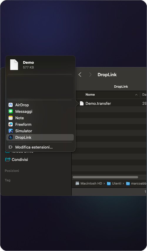 DropLink macOS share extension for quick file sharing from Finder